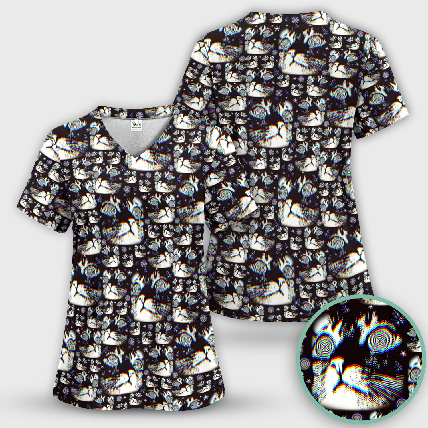Funny Cosmic Cat Eye Spiral Pattern Scrub Top, Comfortable Scrubs for Nurses