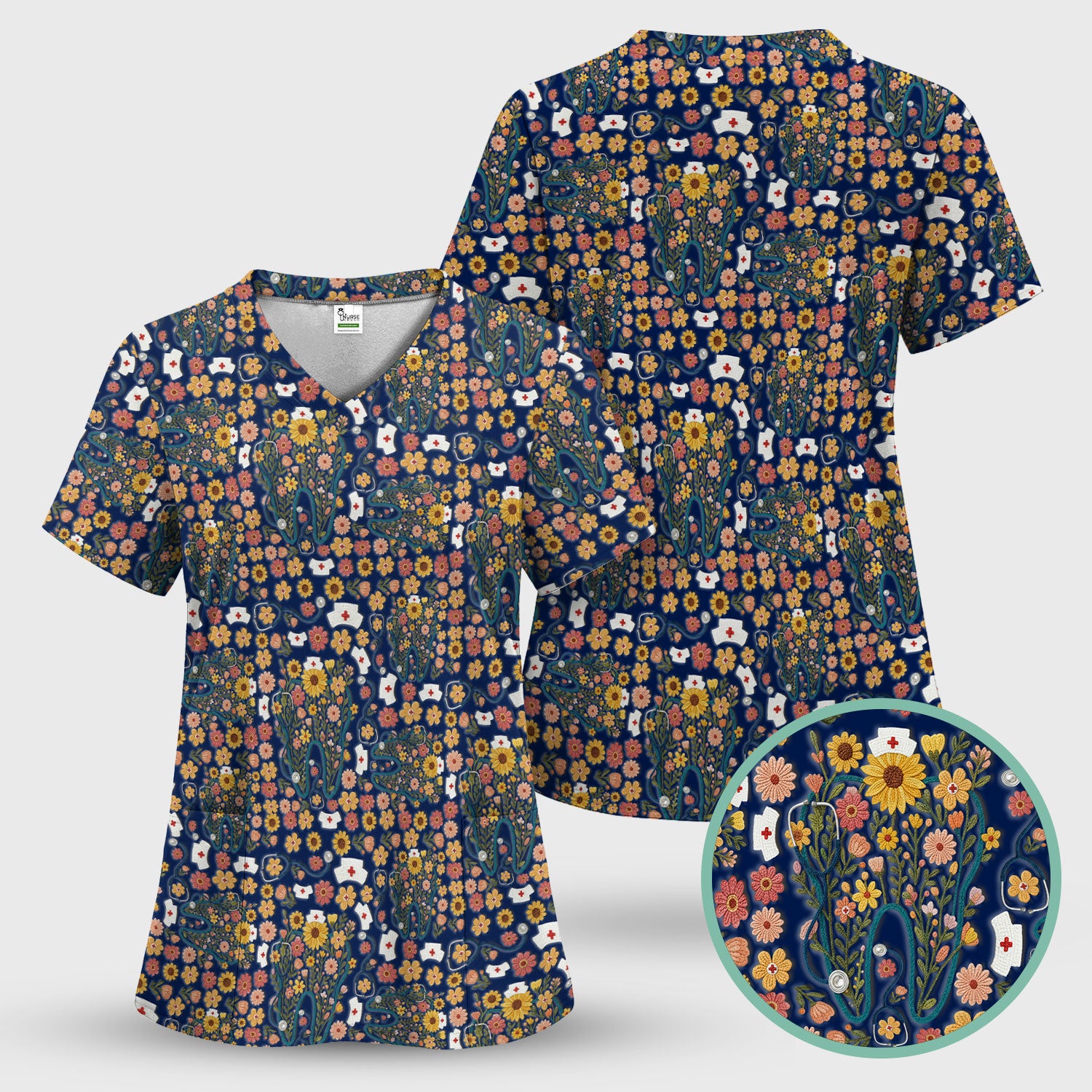 Boho Floral Tooth Scrub Top - Aesthetic Dental Scrubs for Women - Cute Flower Tooth Pattern Medical Uniform - Hygienist Christmas Gift