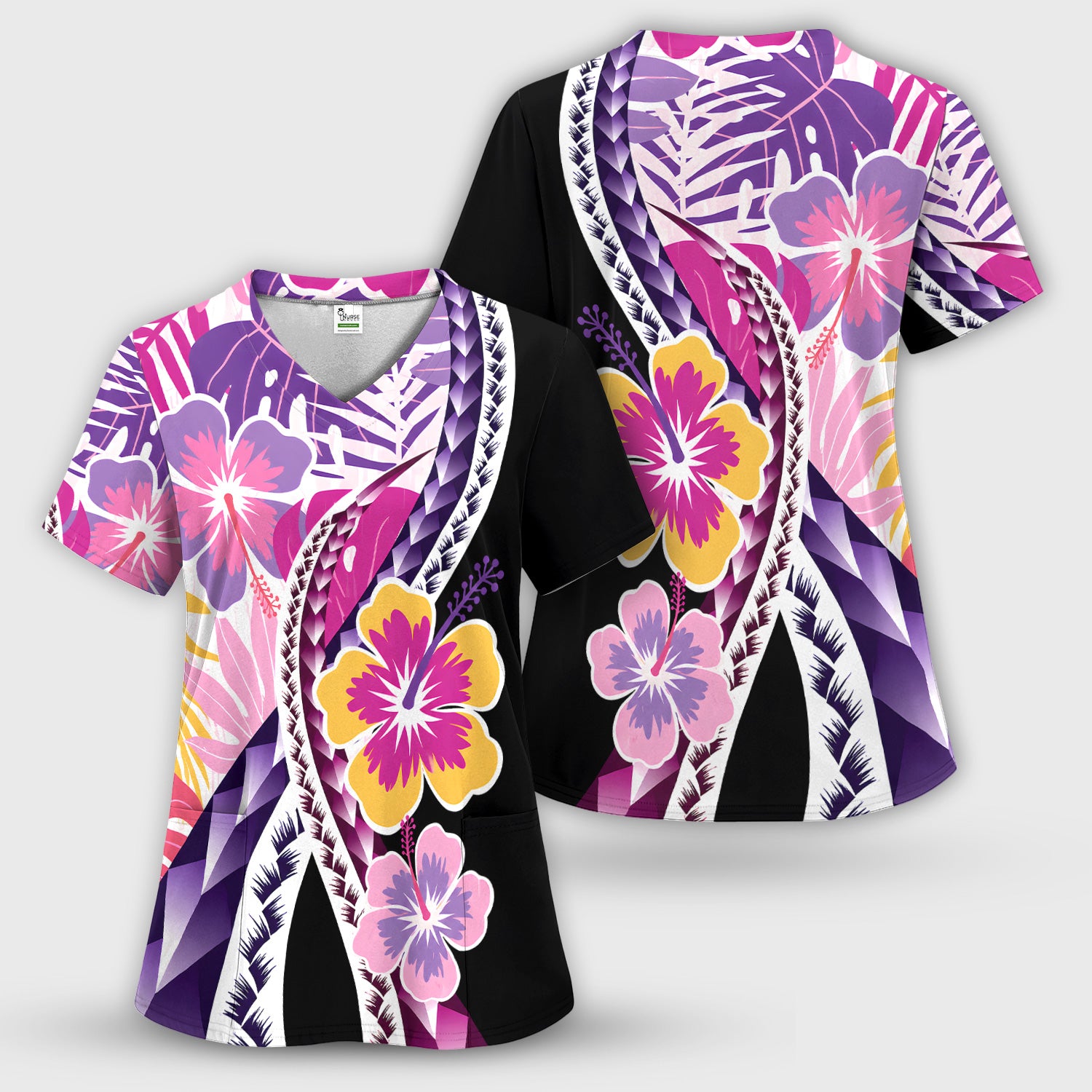 Nurse Tropical Hibiscus Leaf Pattern Scrub Set, Scrub Pants and V Neck Top