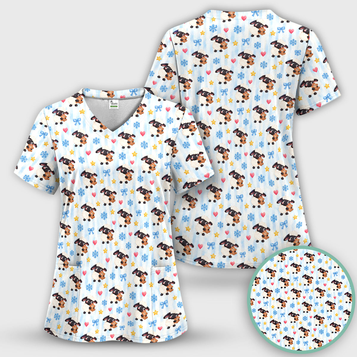 Cute Winter Lambs Holding Teddy Bears Scrub Top, Comfortable Scrubs for Nurses