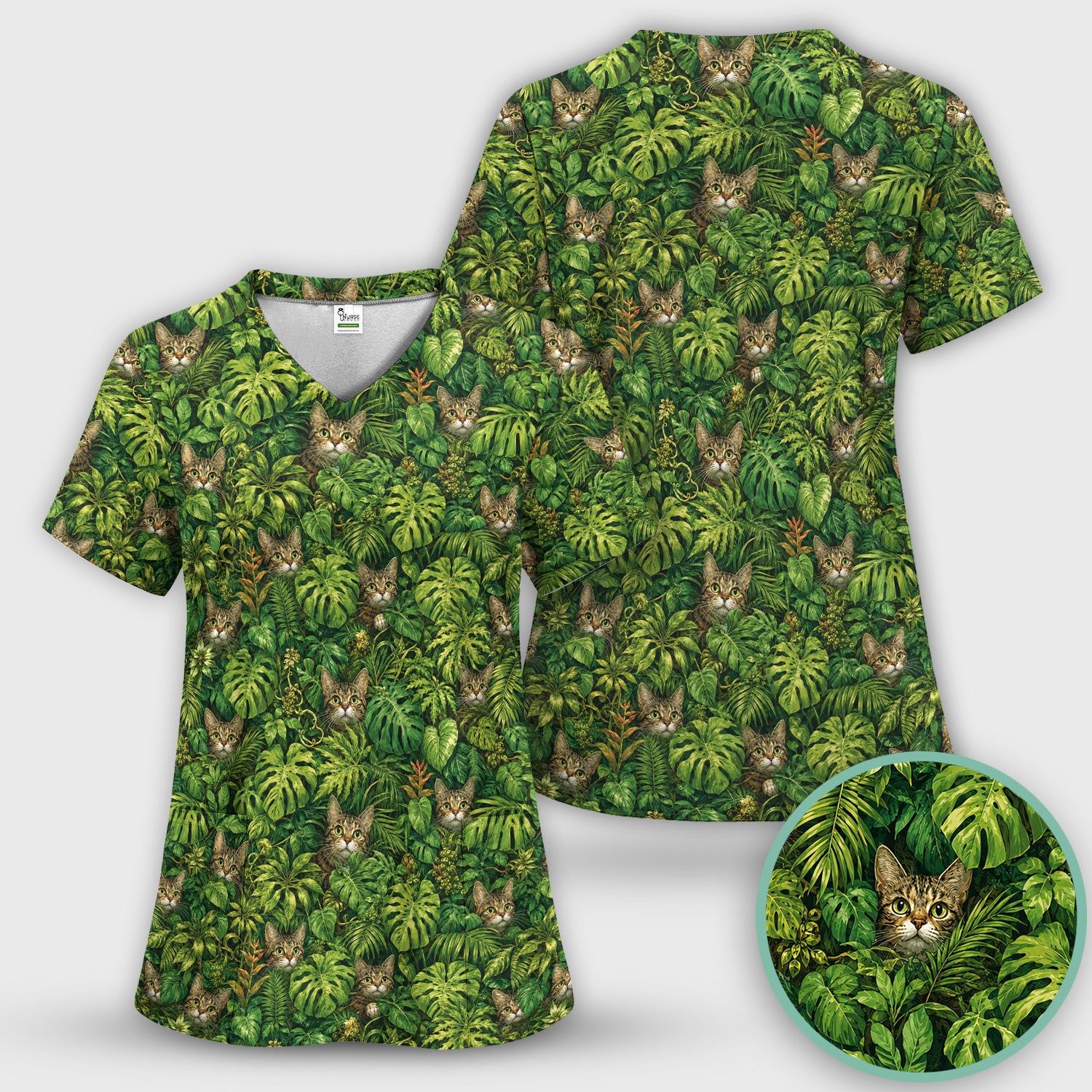 Hidden Jungle Cat Veterinary Nurse Pattern Scrub Top, Comfortable Scrubs for Nurses