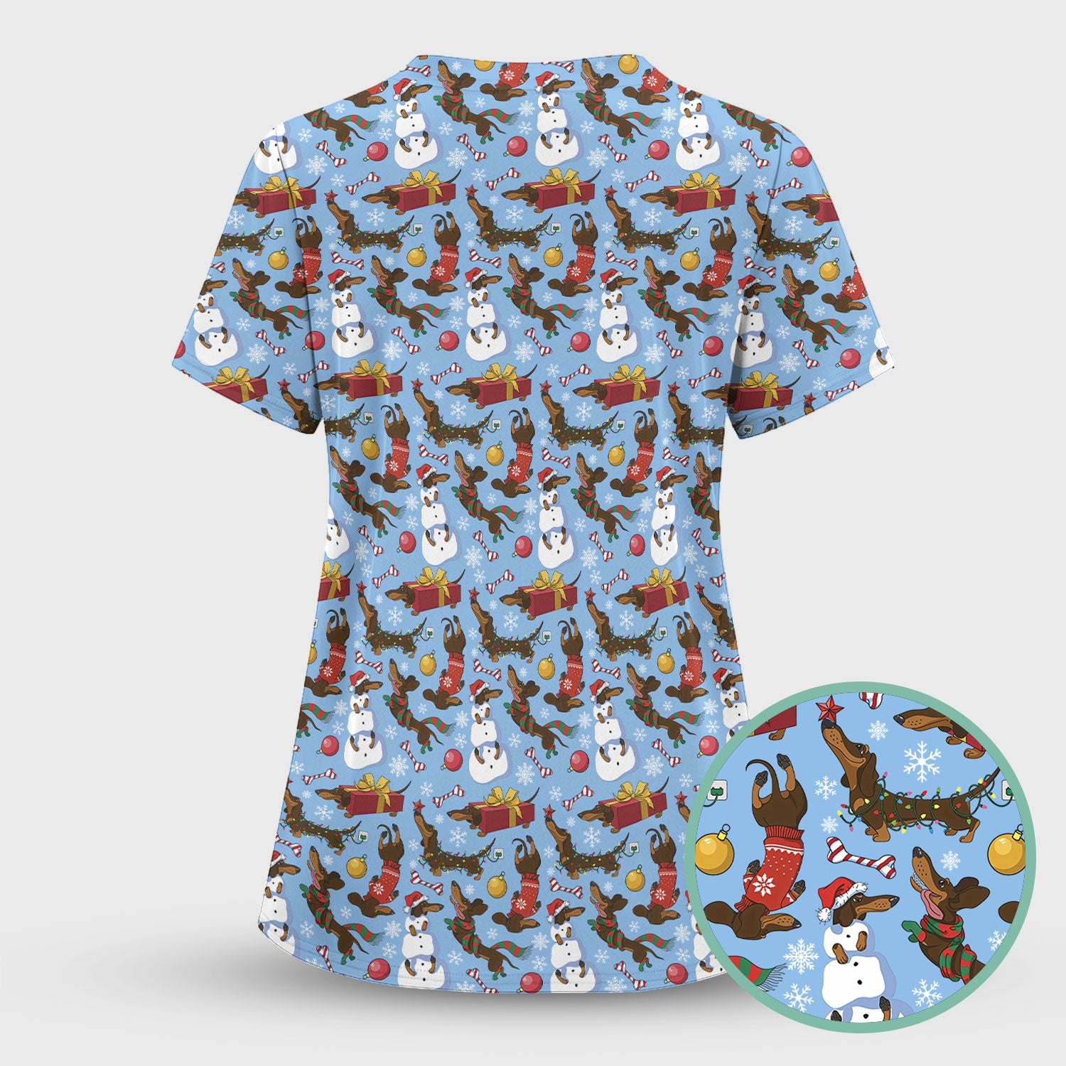 Christmas Nurse Scrubs for Women - Dachshund Dog & Snowman Print - Custom Multi Color Nursing Shirt Holiday Gift