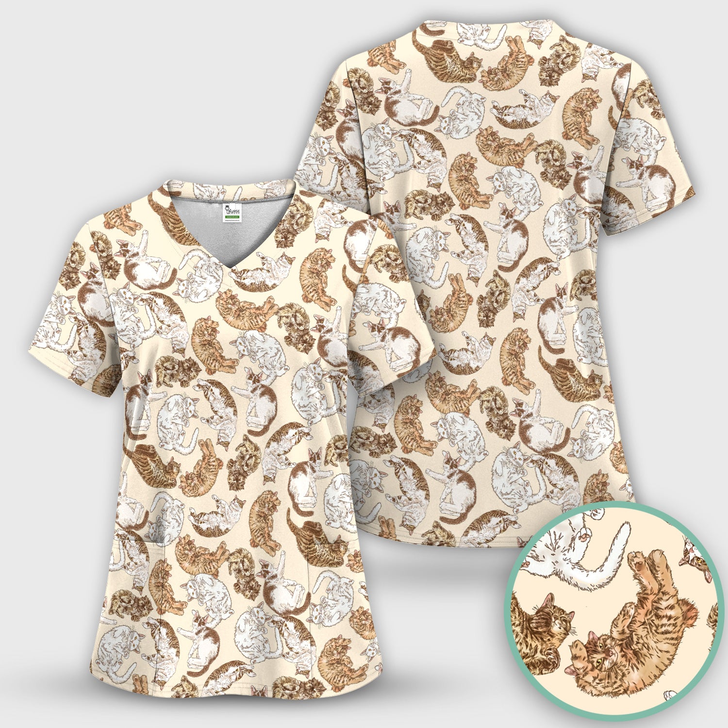 Cute Lazy Cat Nap Pattern Scrub Top, Comfortable Scrubs for Nurses