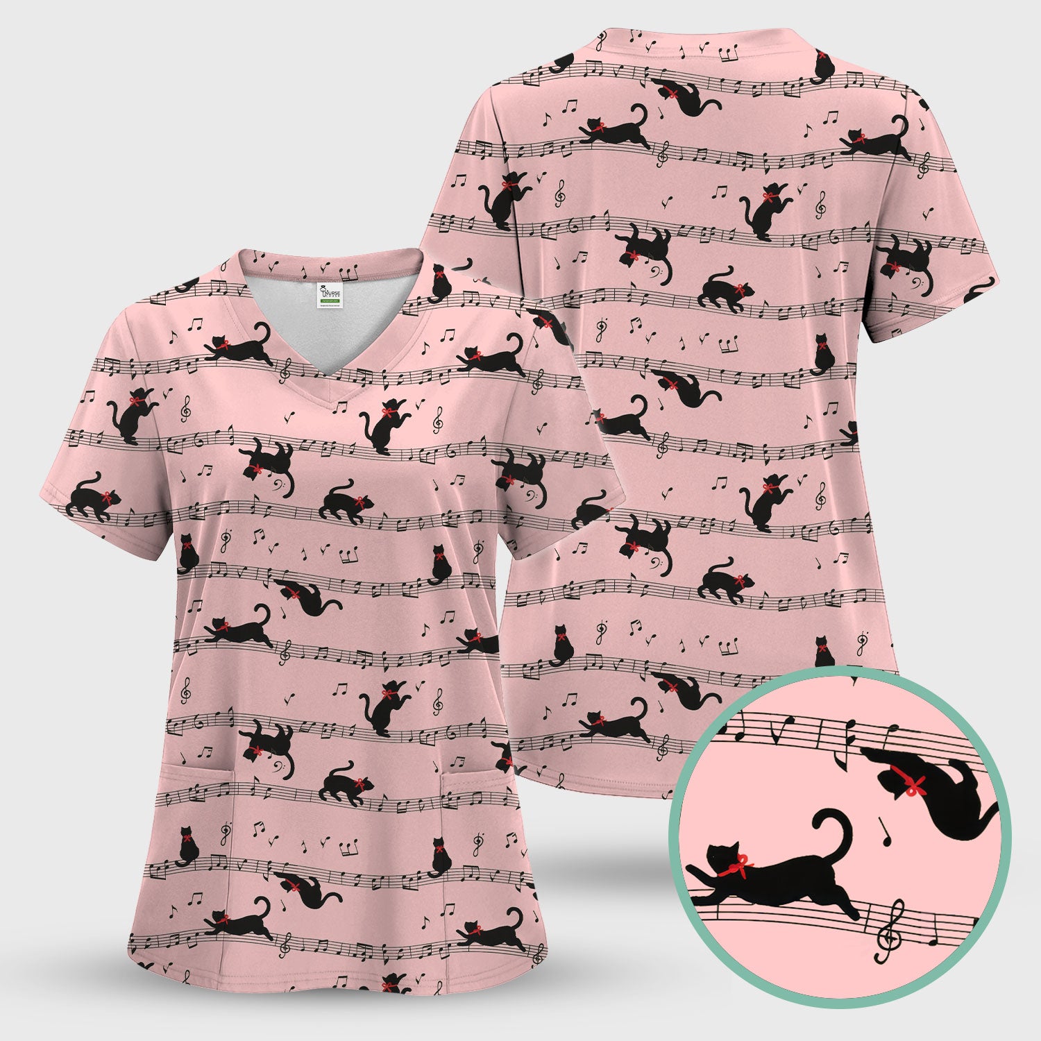 Cute Dancing Black Cat Music Staff Pattern Scrub Top, Comfortable Scrubs for Nurses