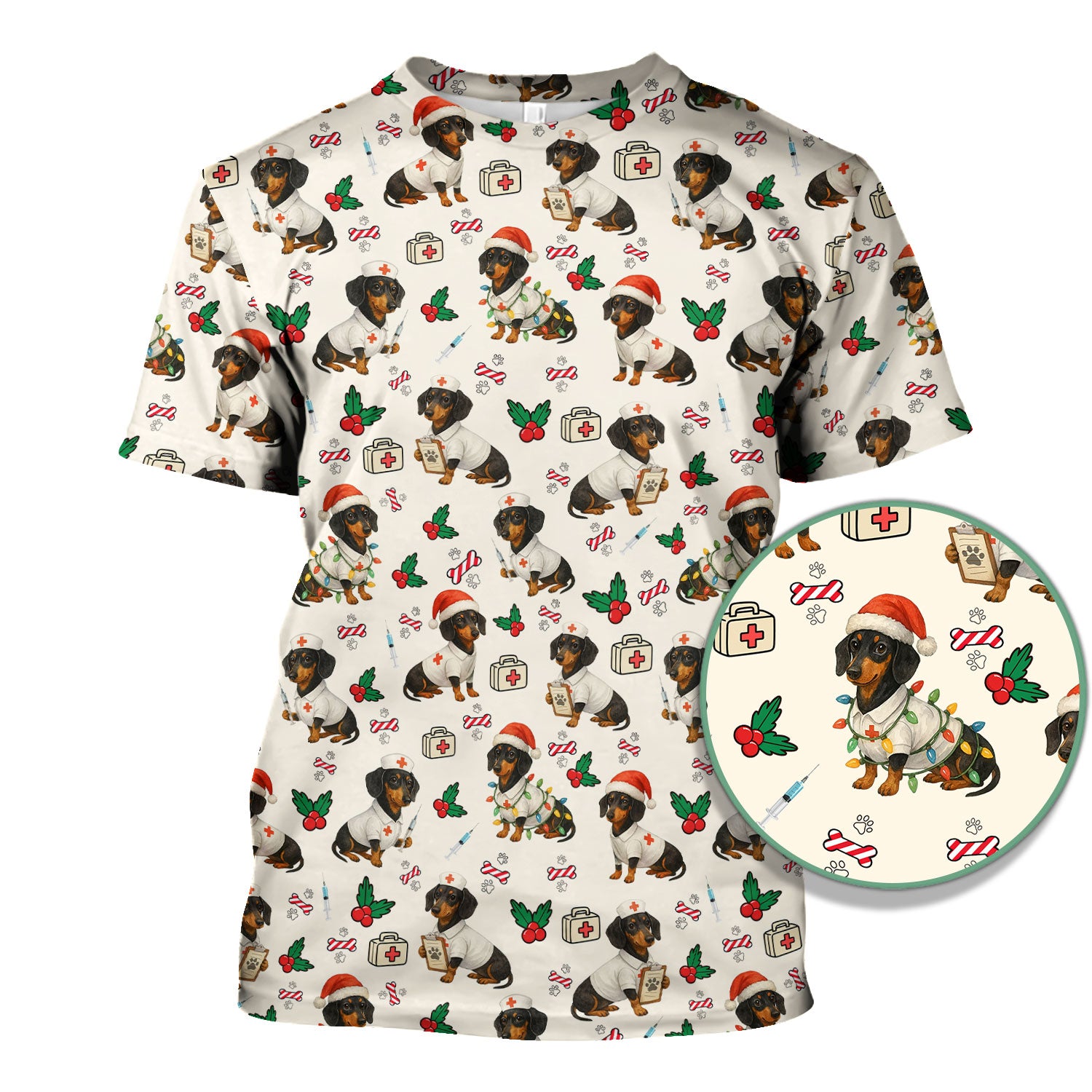 Christmas Dachshund Nurse Scrub Top - Funny Dachshund Dog Scrub Shirt Multi Color - Cute Holiday Nursing Work Shirt for Women