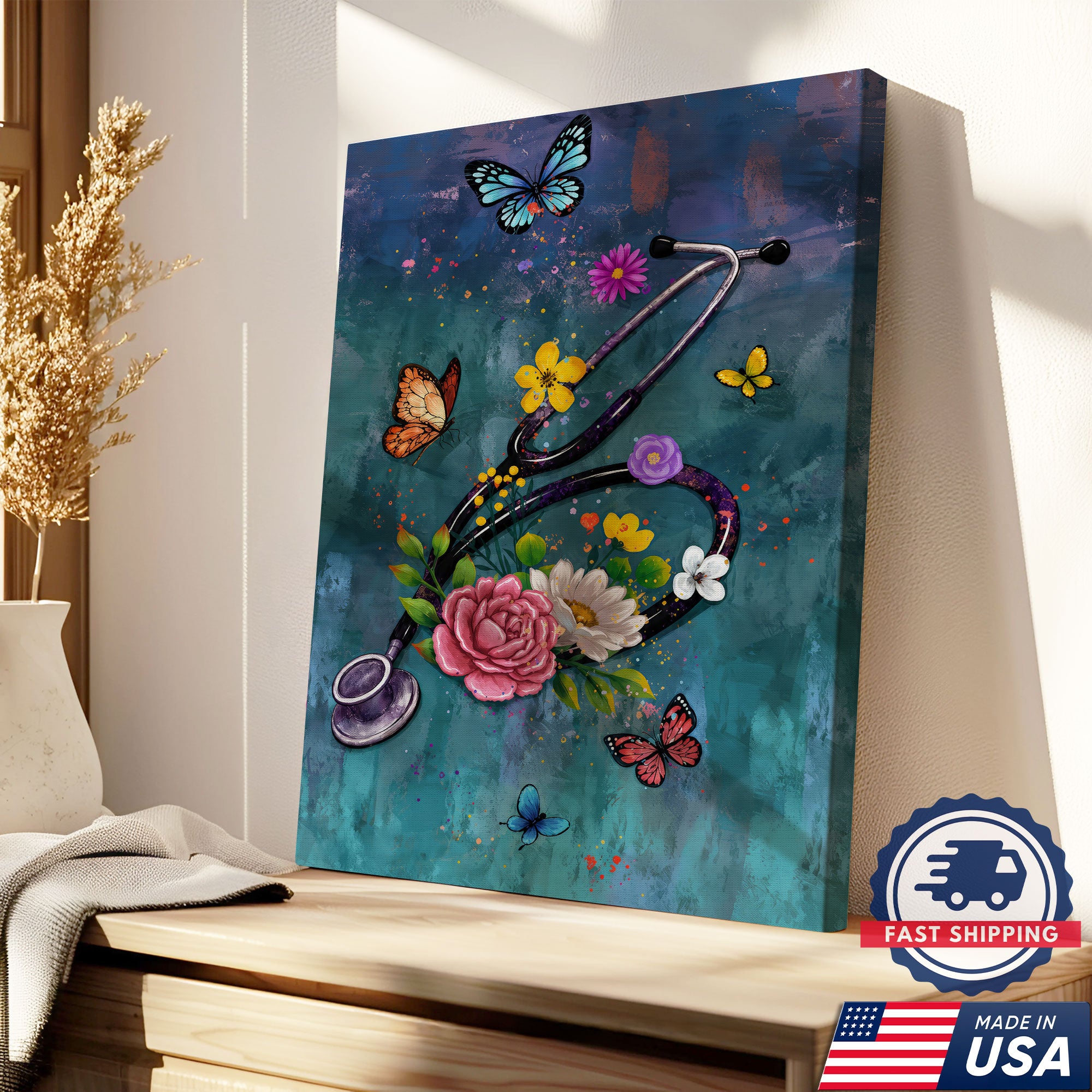 Butterfly Floral Stethoscope Nurse Canvas Wall Art for RN, CNA, Healthcare Office Decor