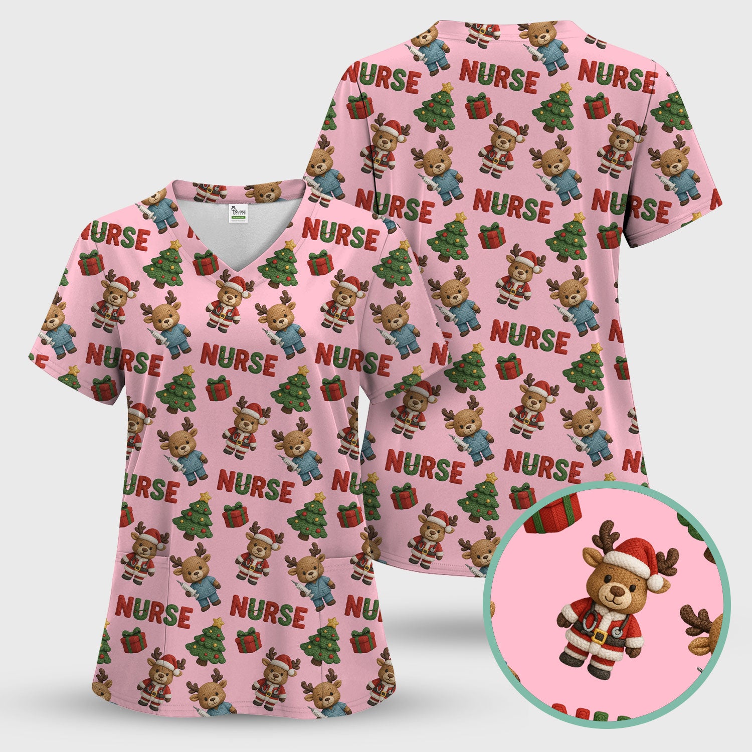 Reindeer Christmas Scrub Top, Cute Holiday Nurse Scrub Shirt, Festive Pattern Nursing Uniform