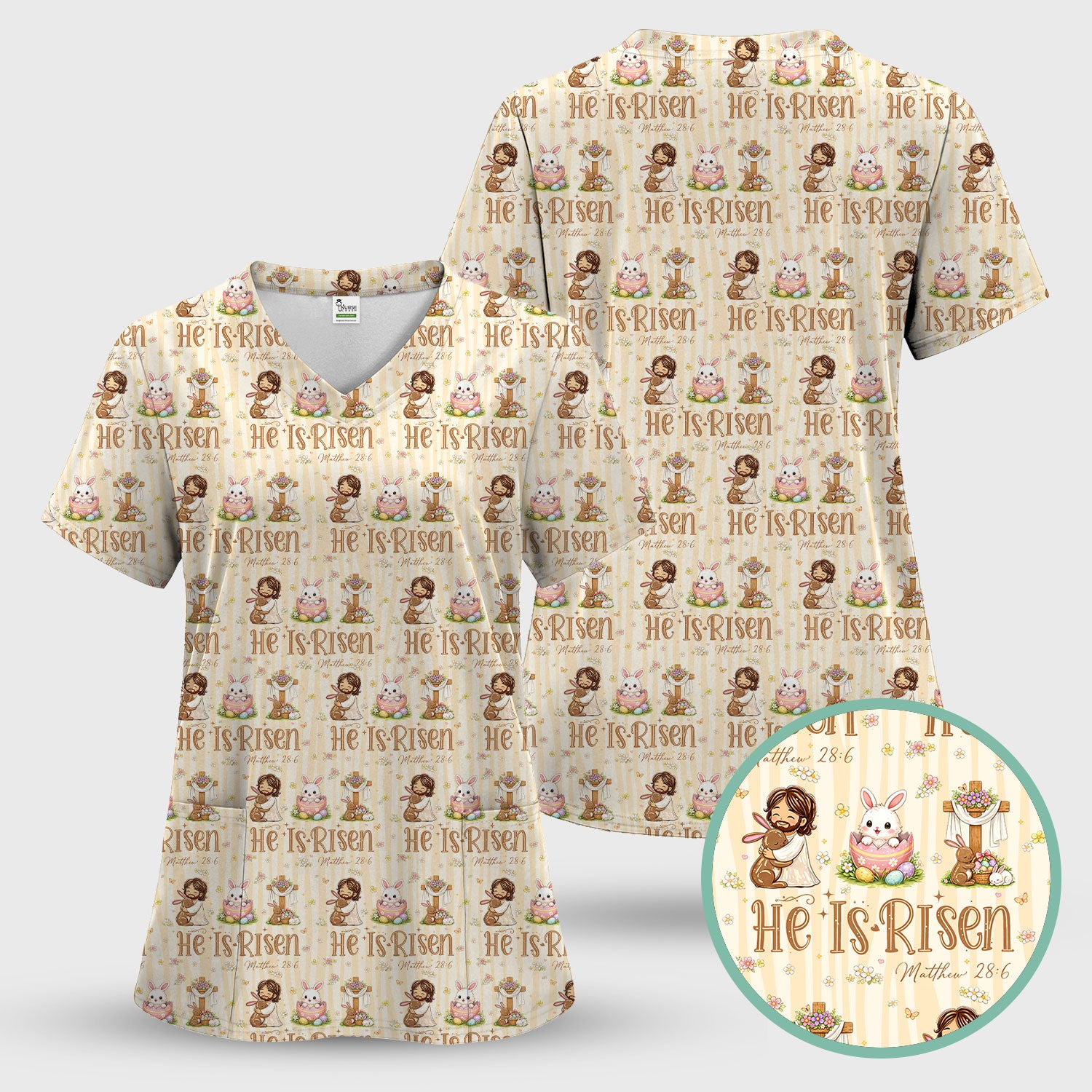 He Is Risen Jesus Easter Print Sets, Scrub Pants and V Neck Top