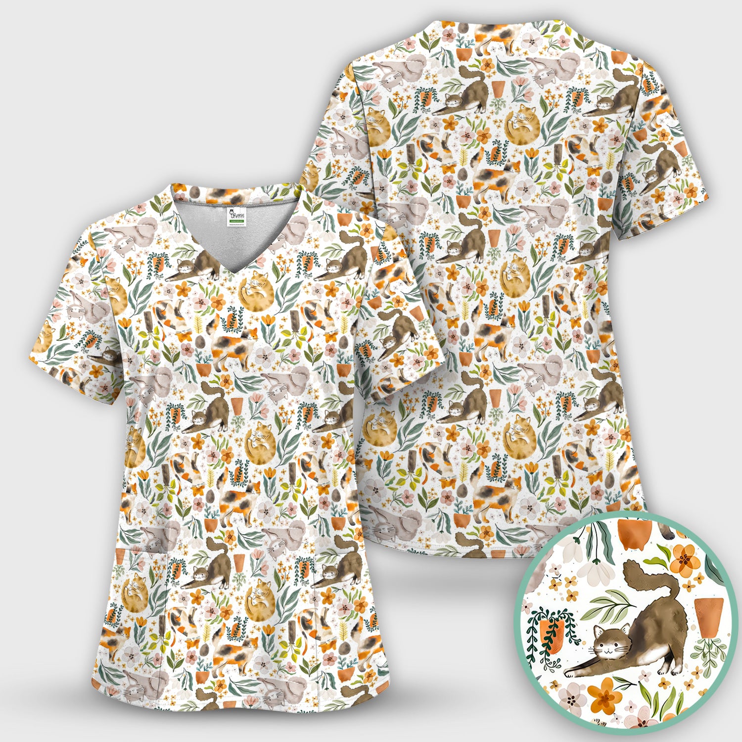 Cat Wildflower Garden Floral Pattern Scrub Top, Comfortable Scrubs for Nurses