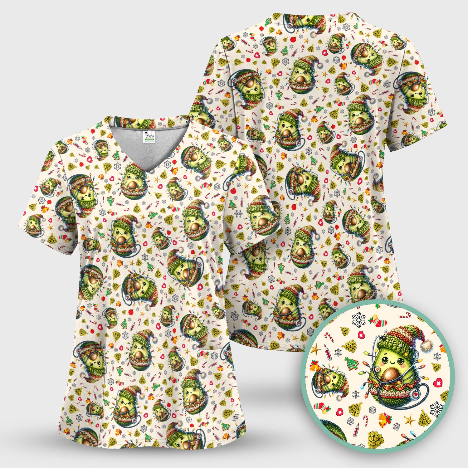 Avocado Scrub Top for Nurse - Funny Christmas Nursing Shirt - Cute Holiday Medical Uniform for Women RN LPN CNA