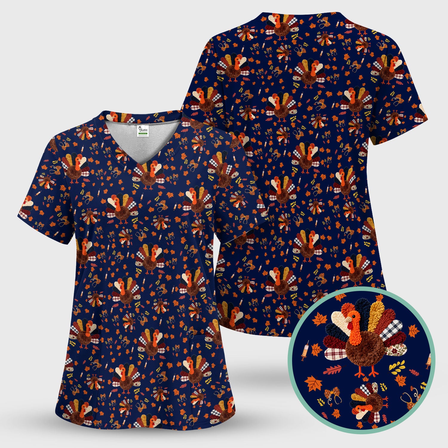 Funny Thanksgiving Nurse Scrub Top - Fall Leaves and Pumpkin Shirt - Autumn Turkey Med Uniform Gift for RN CNA LPN