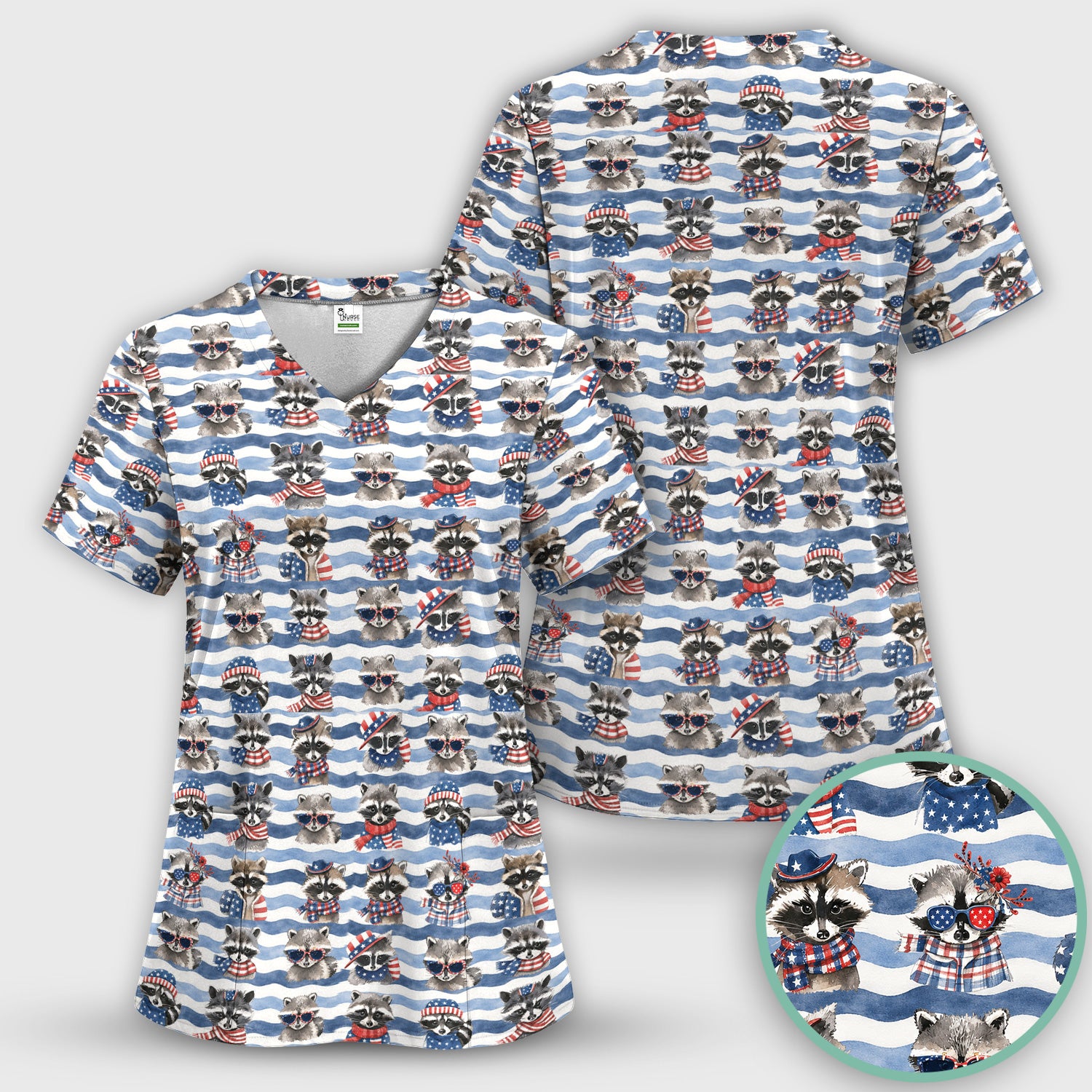 Patriotic Raccoon Watercolor Stripe Pattern Scrub Top, Comfortable Scrubs for Nurses
