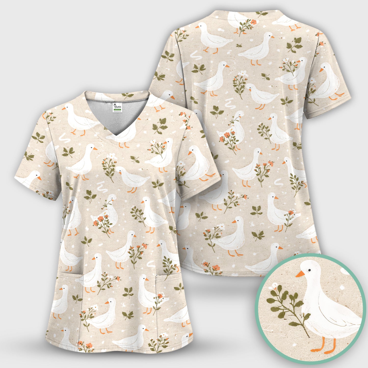White Goose Floral Meadow Pattern Scrub Top, Comfortable Scrubs for Nurses