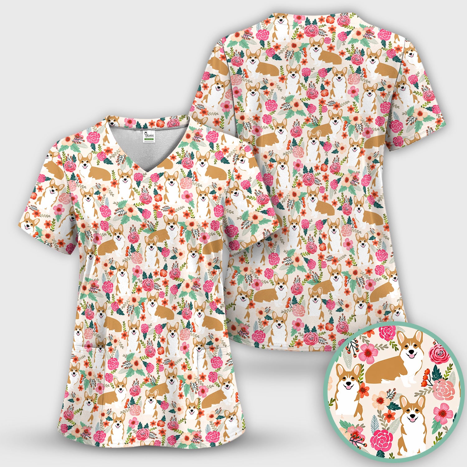 Cute Corgi Dog Floral Garden Pattern Nurse Scrub Top, Comfortable Scrubs for Nurses