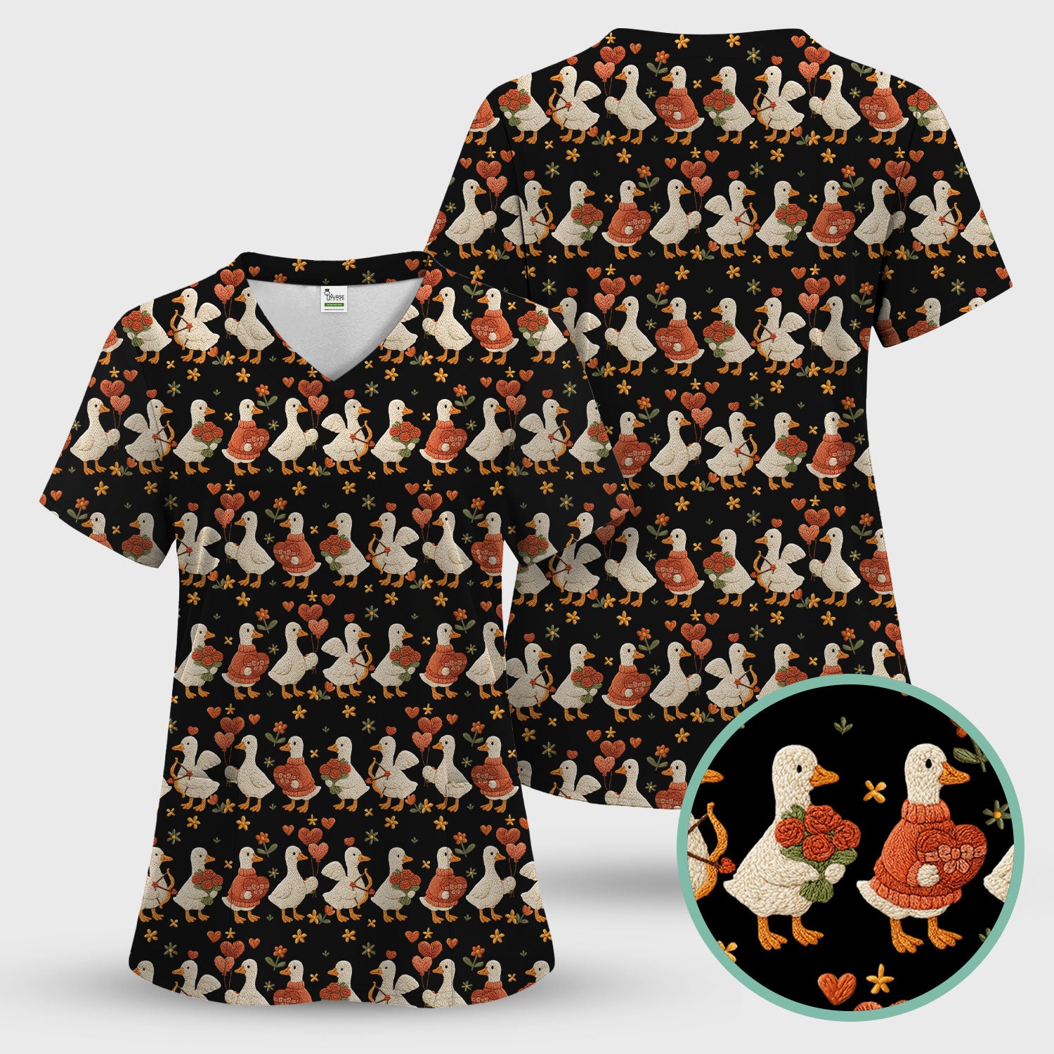 Cute Goose Nurse Scrub Top, Valentine Farm Medical Pattern Shirt, Breathable Fabrics Nursing Uniform