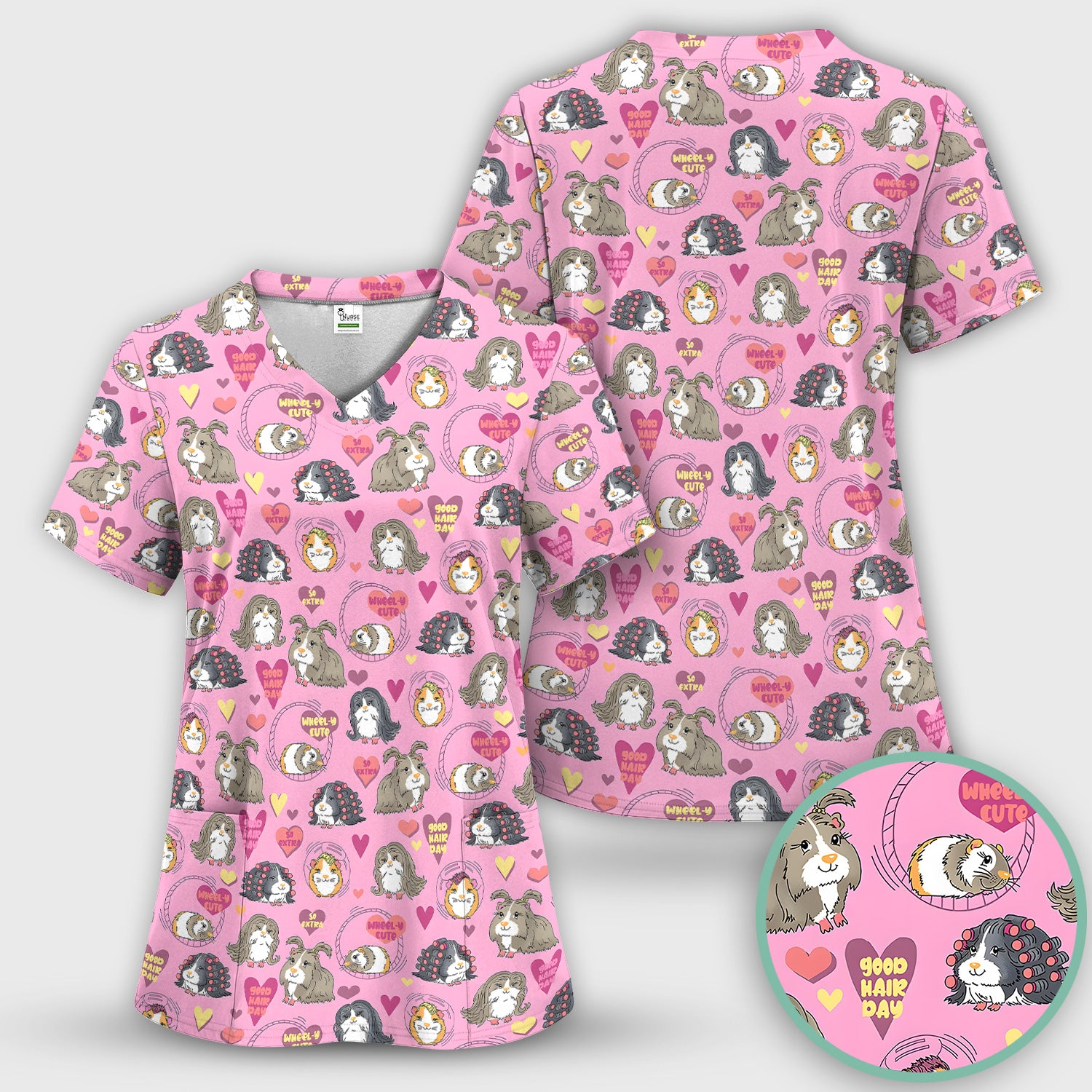 Cute Guinea Pig Heart Pattern Scrub Top, Comfortable Scrubs for Nurses