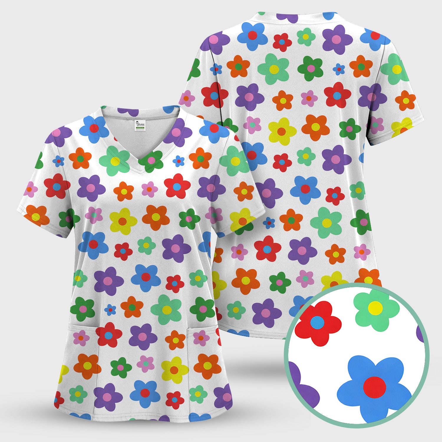 Colorful Retro Flower Pattern Print Scrub Top, Breathable Fabrics Nursing Uniform