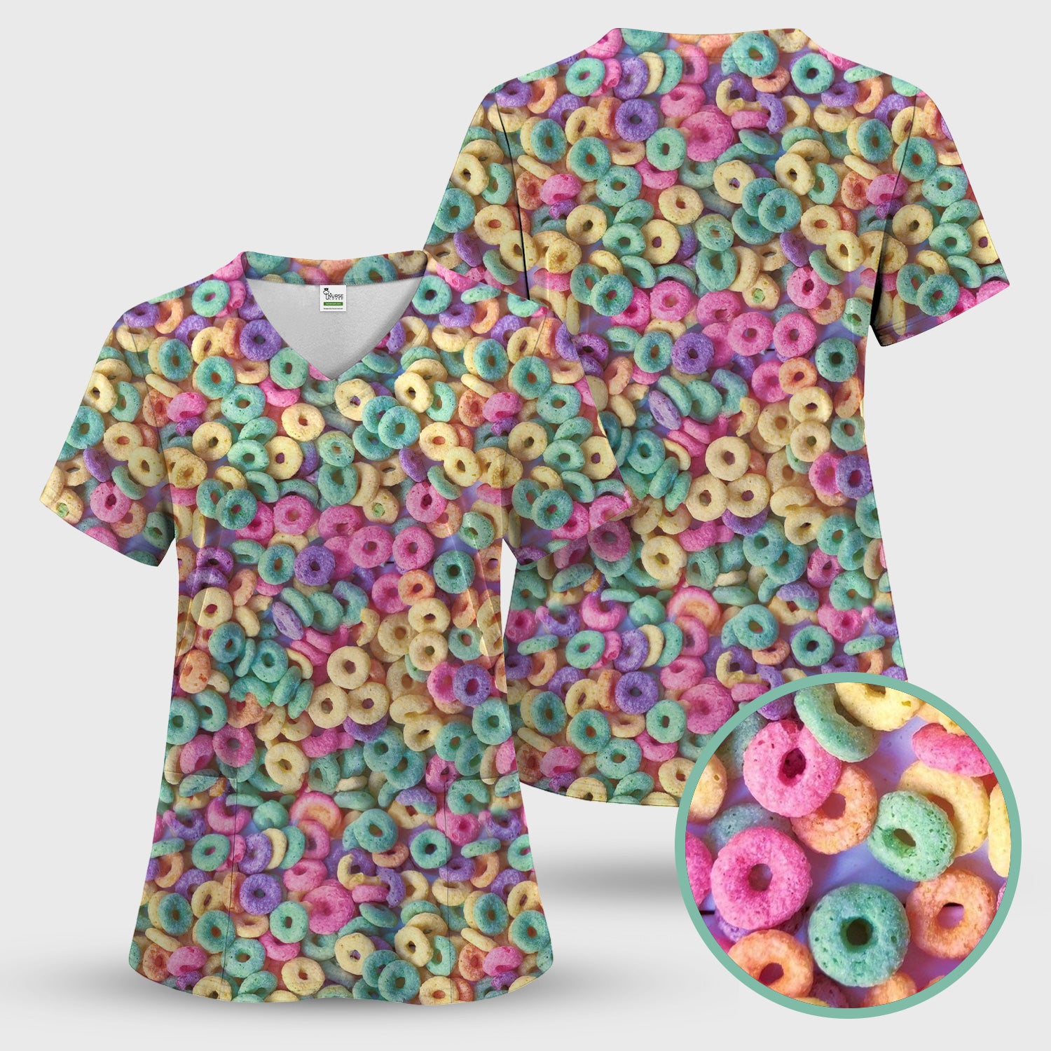 Colorful Cereal Loops Pattern Scrub Top, Comfortable Scrubs for Nurses