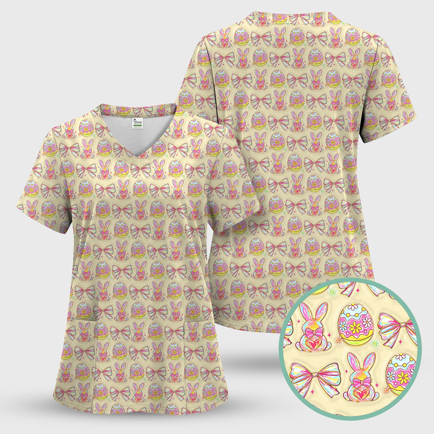 Easter Bunny Pastel Egg Bow Pattern Scrub Top, Breathable Fabrics Nursing Uniform