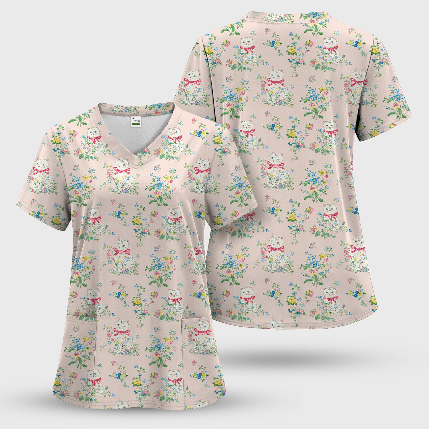 Vintage Floral Cat Print Scrub Top, Comfortable Scrubs for Nurses