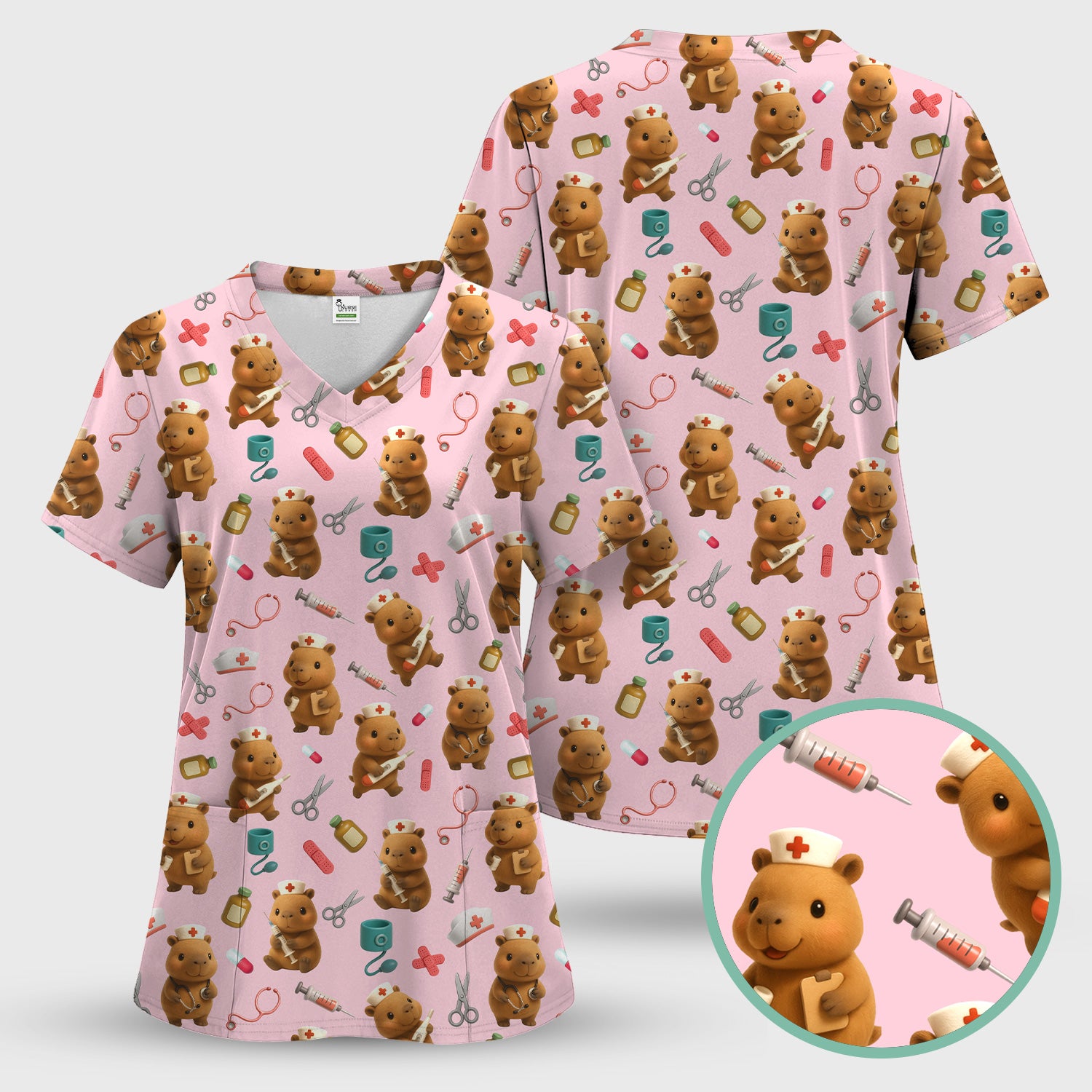 Bear Nurse Scrub Set for Women - Cute Animal Pattern Christmas Scrubs - Funny Medical Scrub Tops and Pants Gift Idea