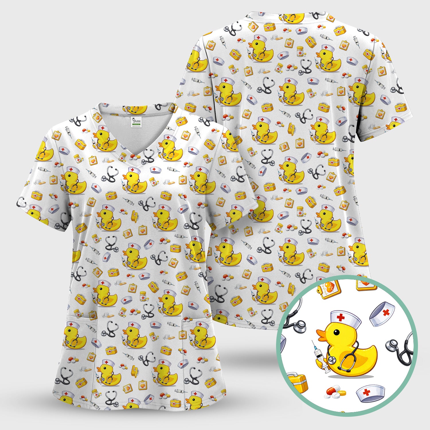 Playful Medical Duck Print Nurse Scrub Top, Comfortable Scrubs for Nurses