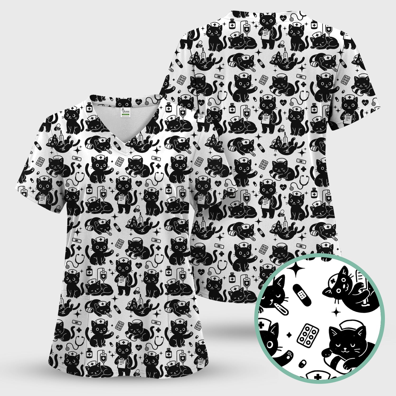 Cute Black Cat Nurse Pattern Scrub Top, Breathable Fabrics Nursing Uniform