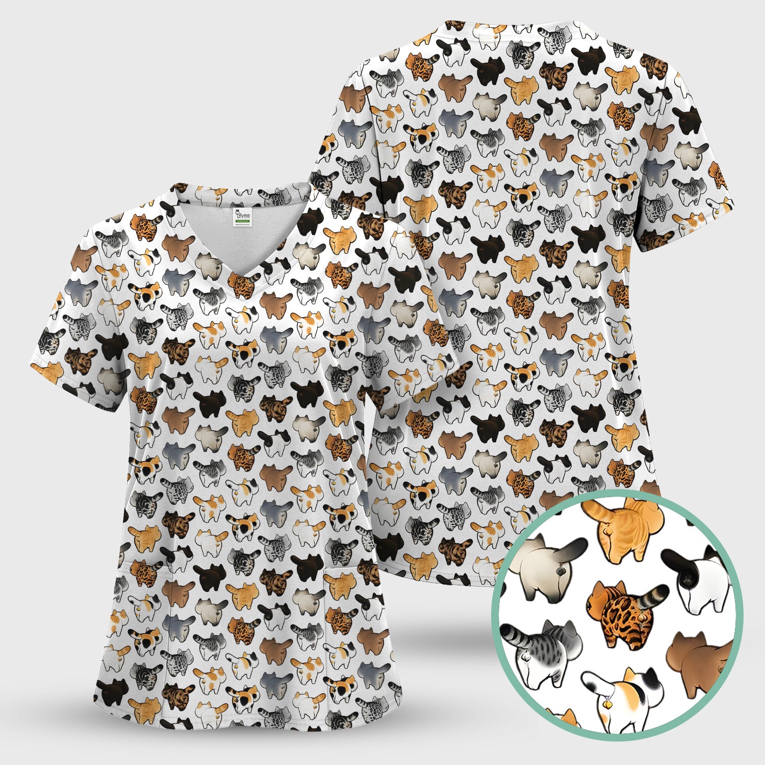 Cat Butt Pattern Medical Scrub Top, Breathable Fabrics Nursing Uniform