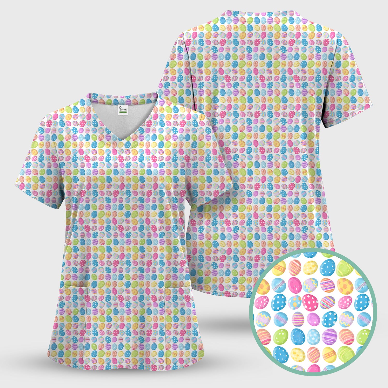 Colorful Easter Eggs Pattern Scrub Top, Comfortable Scrubs for Nurses