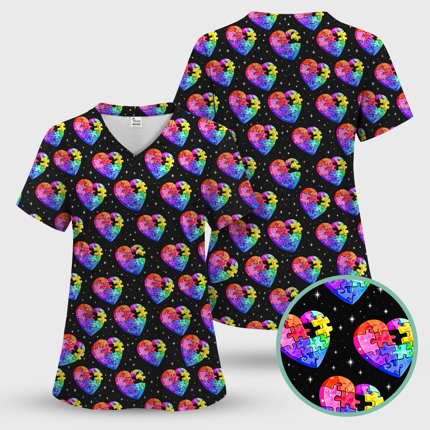Rainbow Autism Puzzle Heart Pattern Scrub Top, Starry Sky Medical Uniform for Nurses