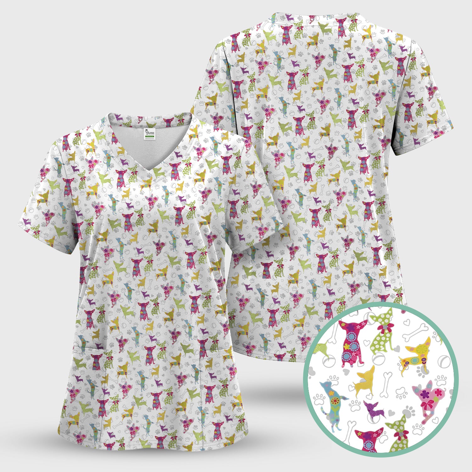 Colorful Playful Dog Print Nurse Scrub Top, Comfortable Scrubs for Nurses