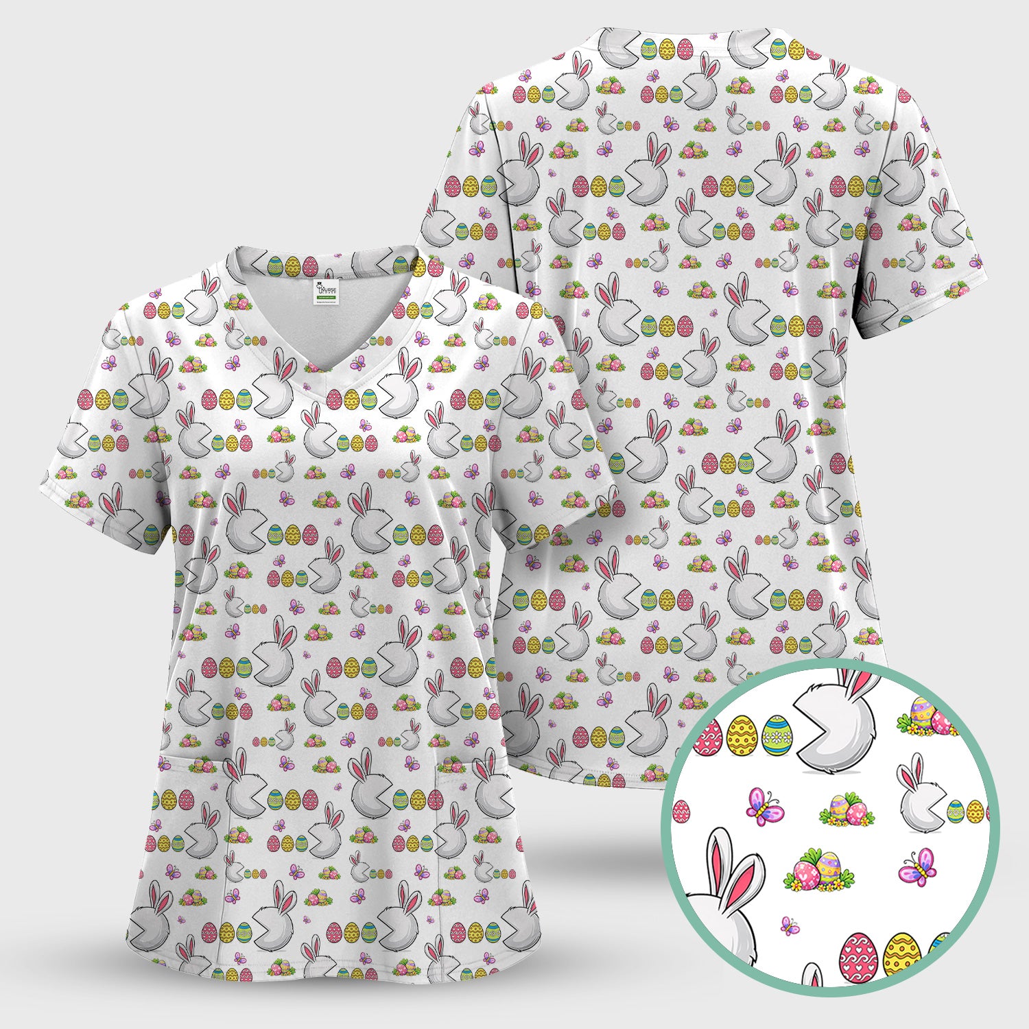 Easter Bunny and Colorful Eggs Print Scrub Top, Breathable Fabrics Nursing Uniform