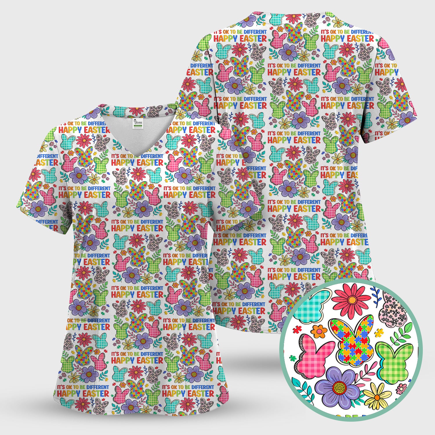 Happy Easter Bunny Floral Print Scrub Top, Breathable Fabrics Nursing Uniform