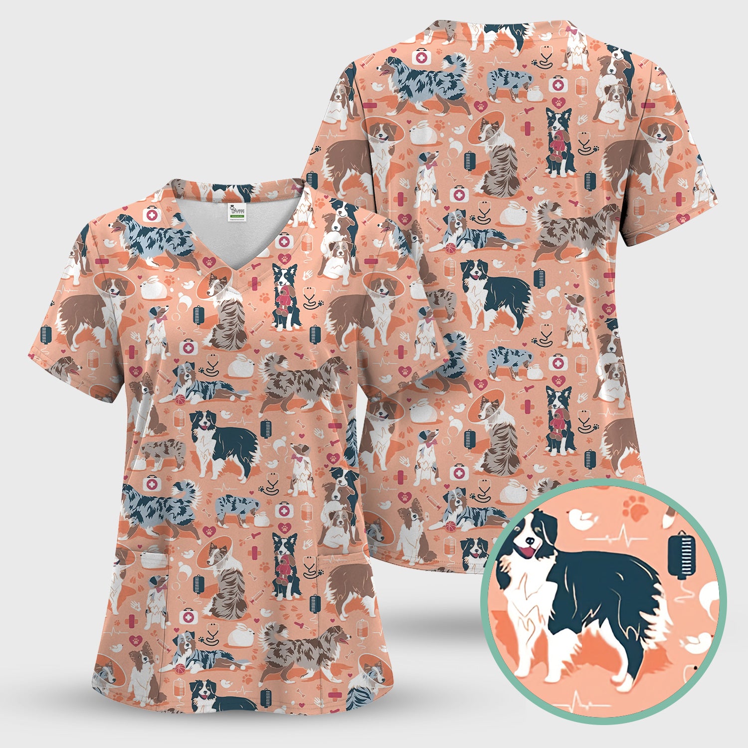 Cute Dog Pattern Veterinary Scrub Top, Breathable Fabrics Nursing Uniform