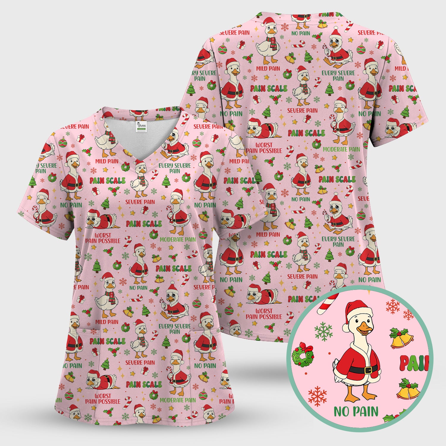 Funny Goose Christmas Scrub Top - Pain Scale Nurse Pattern Shirt - Cute Holiday Medical Scrubs for Women