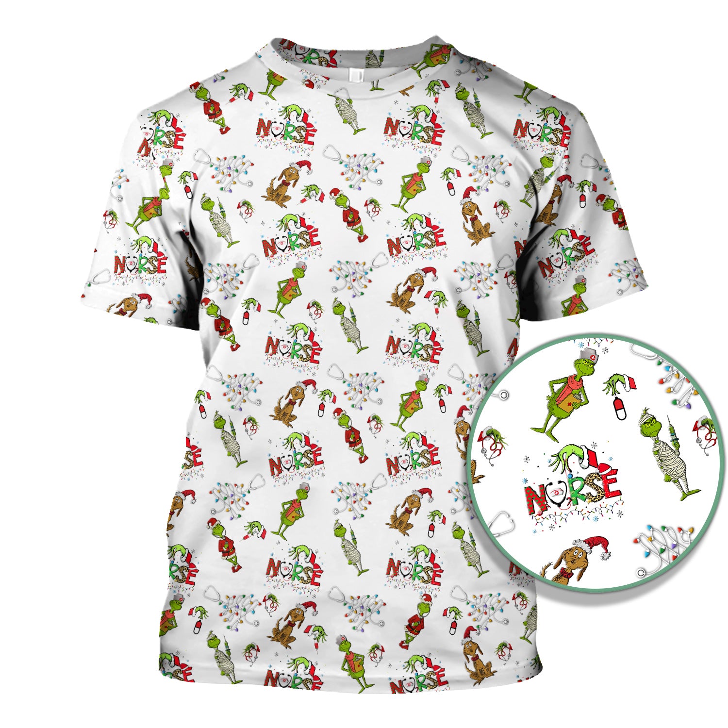 Grinch Christmas Nurse Scrub Shirt - Funny Holiday Scrub Top for Women - Multi Color Nursing Work Shirt with Pockets