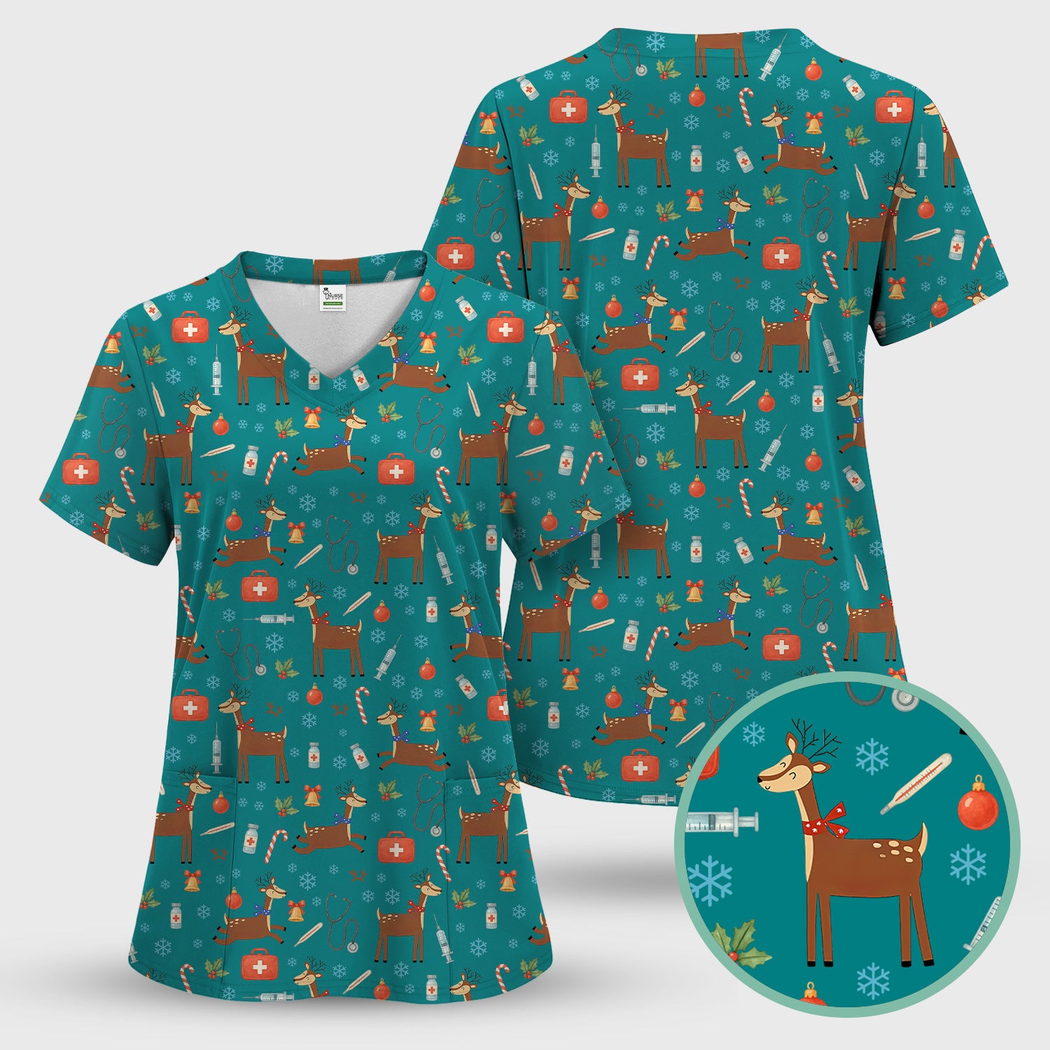 Reindeer Christmas Scrub Top - Snowflakes Candy Canes Holiday Medical Shirt - Xmas Scrubs for Women RN CNA LPN
