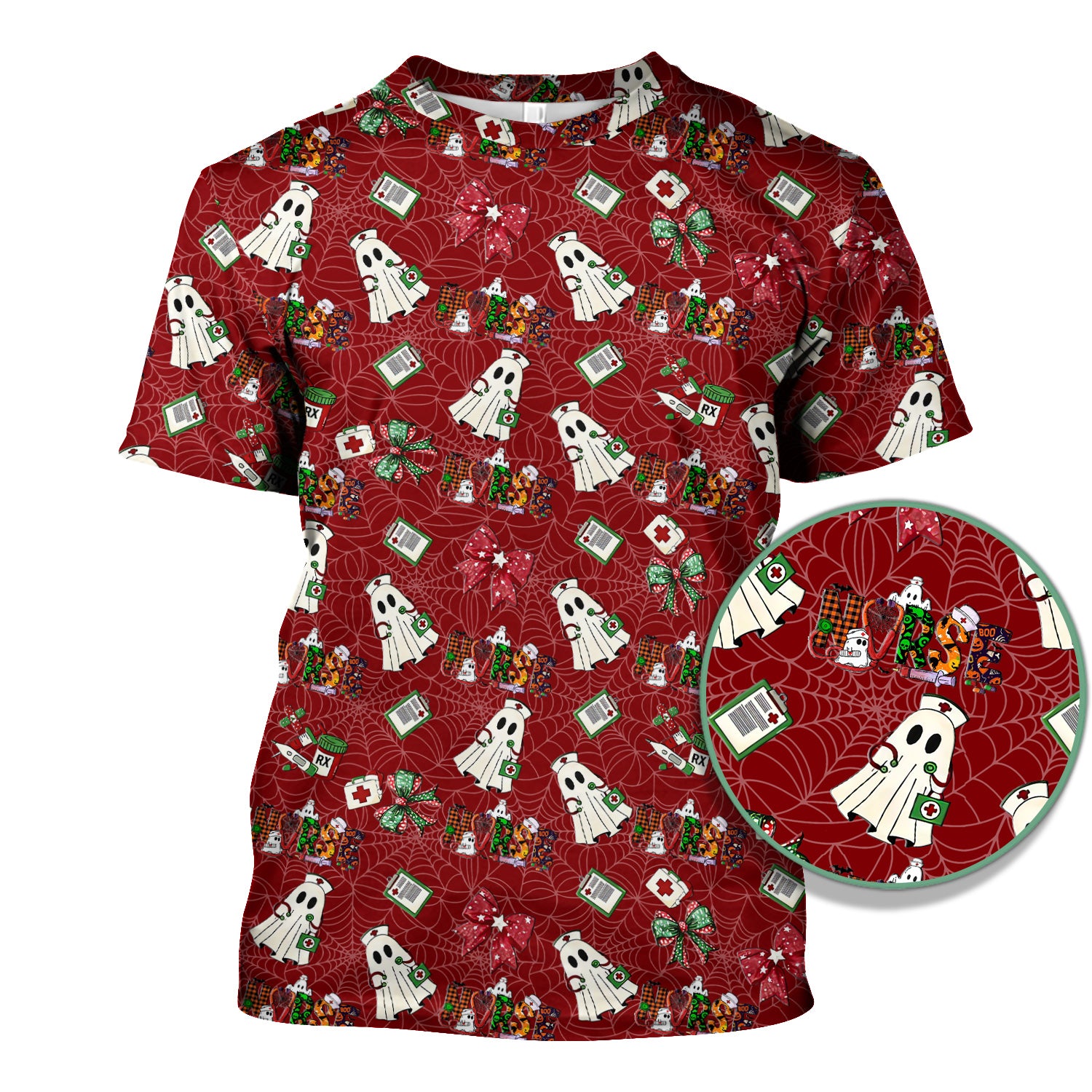 Halloween Nurse Scrub Top for Women - Cute Ghost and Spider Web Scrub Shirt Multi Color - Funny Nursing Work Shirt with Pockets