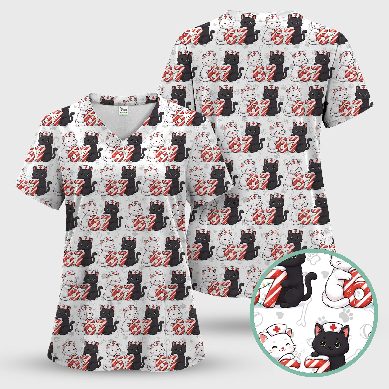 Xmas Cat Pattern Scrub Top, Christmas Nurse Six Seven With Cat Scrub Shirt, Breathable Fabrics Nursing Uniform