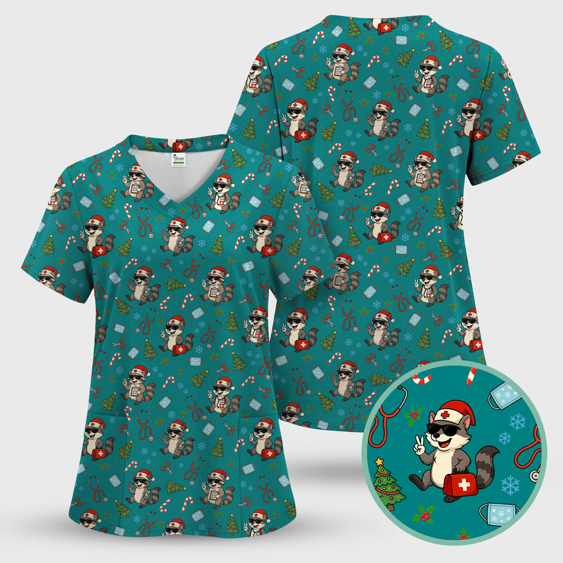 Cute Raccoon Christmas Scrub Top - Santa Hat and Stethoscope Pattern Nurse Scrubs - Funny Holiday Medical Shirt Gift for RN CNA LPN