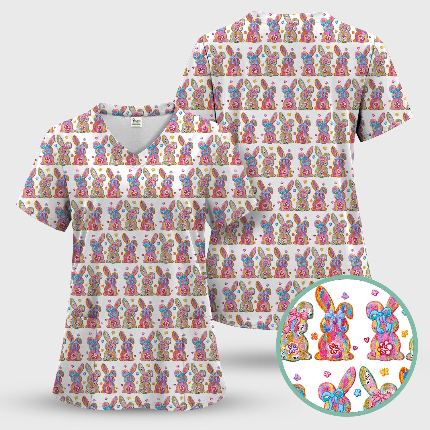 Cute Pastel Bunny Floral Pattern Scrub Top, Comfortable Scrubs for Nurses, Easter