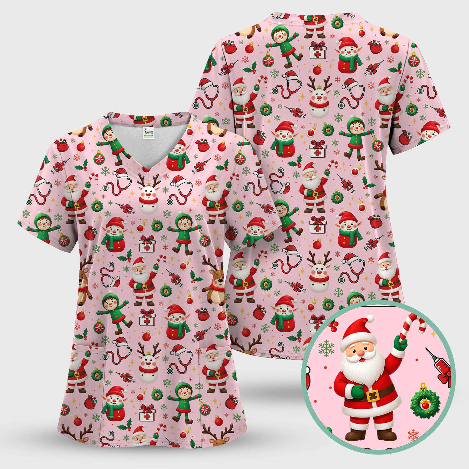 Christmas Scrub Top for Nurse - Cute Santa Elf Reindeer Medical Shirt - Festive Holiday Scrubs for Women RN CNA LPN Gift