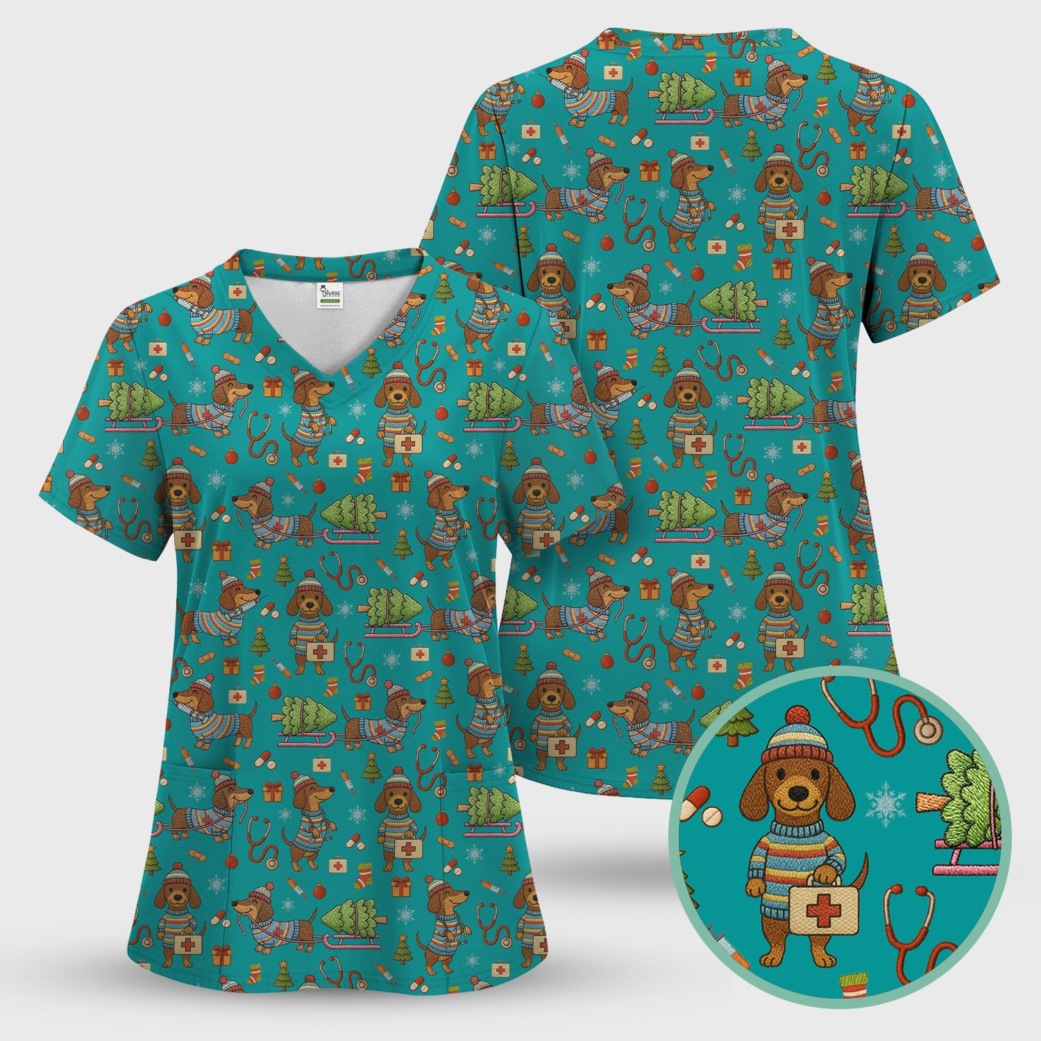 Dachshund Dog Scrub Set For Nurse, Funny Wiener Dog Lover Gift, Cute Dog 3D Knit Pattern Shirt