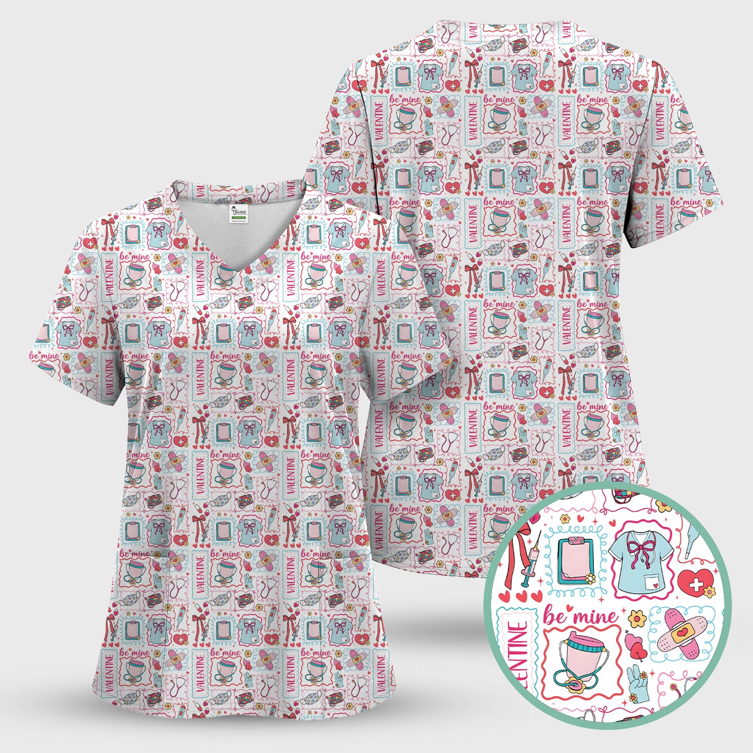 Valentine Medical Hearts Bandages Syringes Scrub Top, Comfortable Scrubs for Nurses