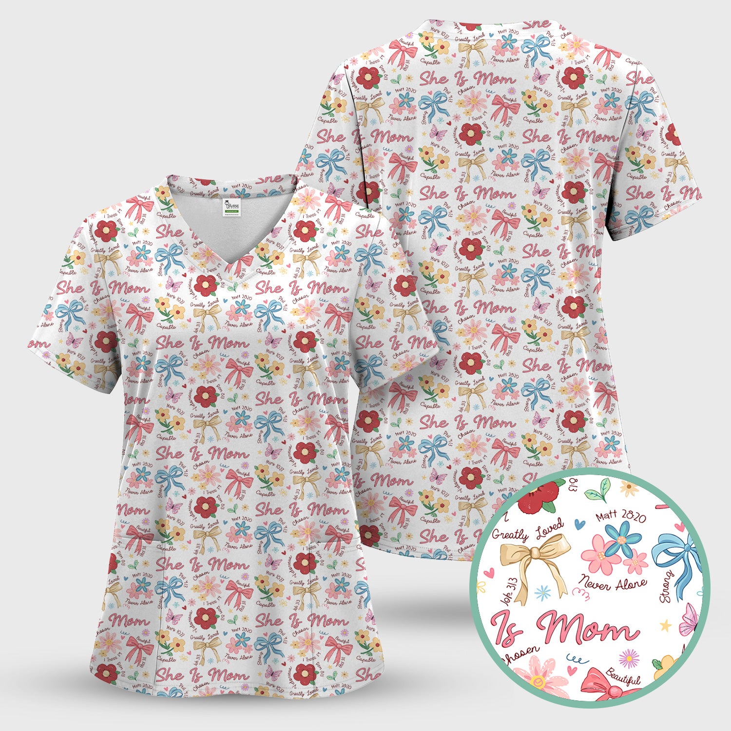 She Is Mom Floral Bow Pattern Scrub Top, Comfortable Scrubs for Nurses