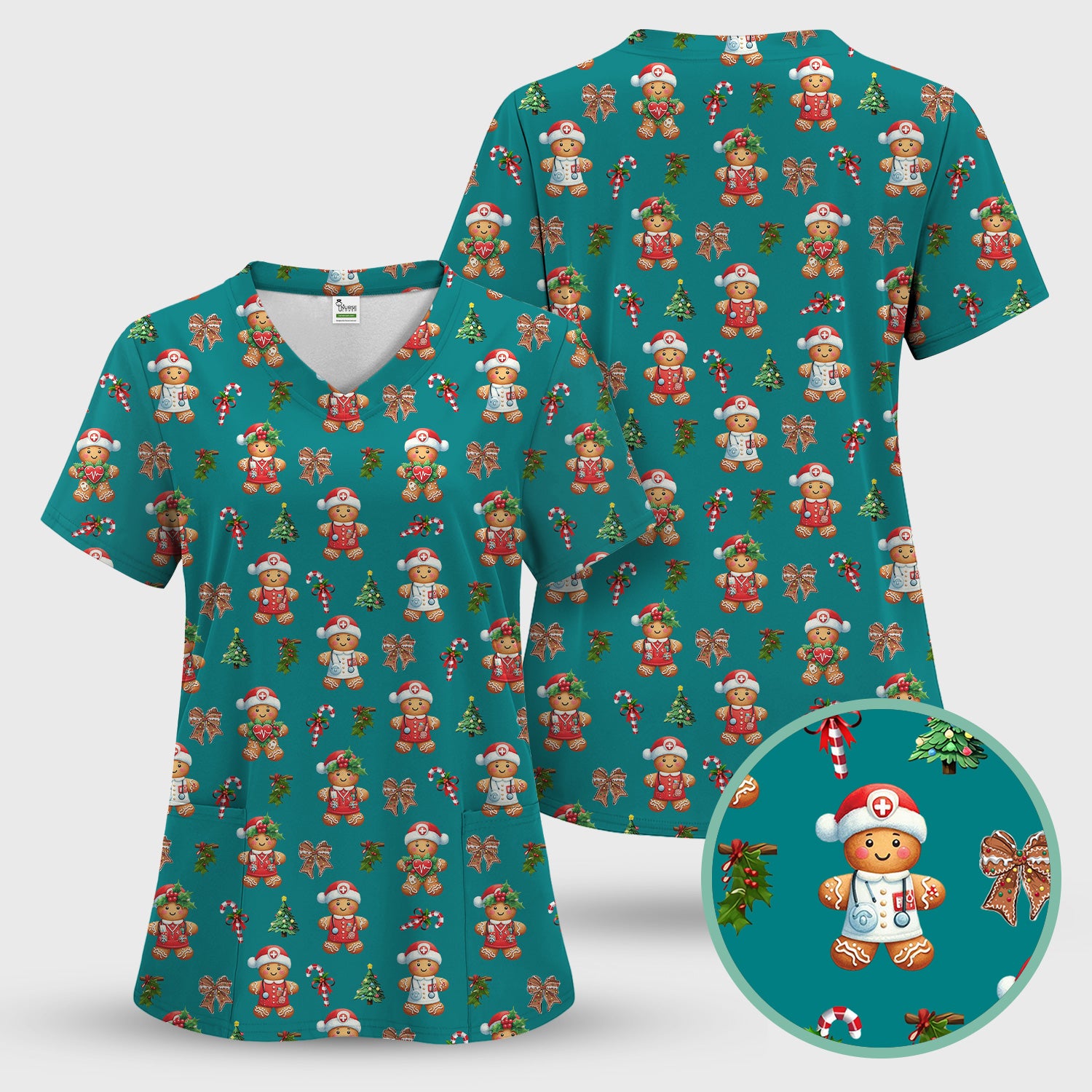 Funny Christmas Scrub Top for Nurse - Adorable Gingerbread Candy Cane Bow- Festive Medical Uniform for Women