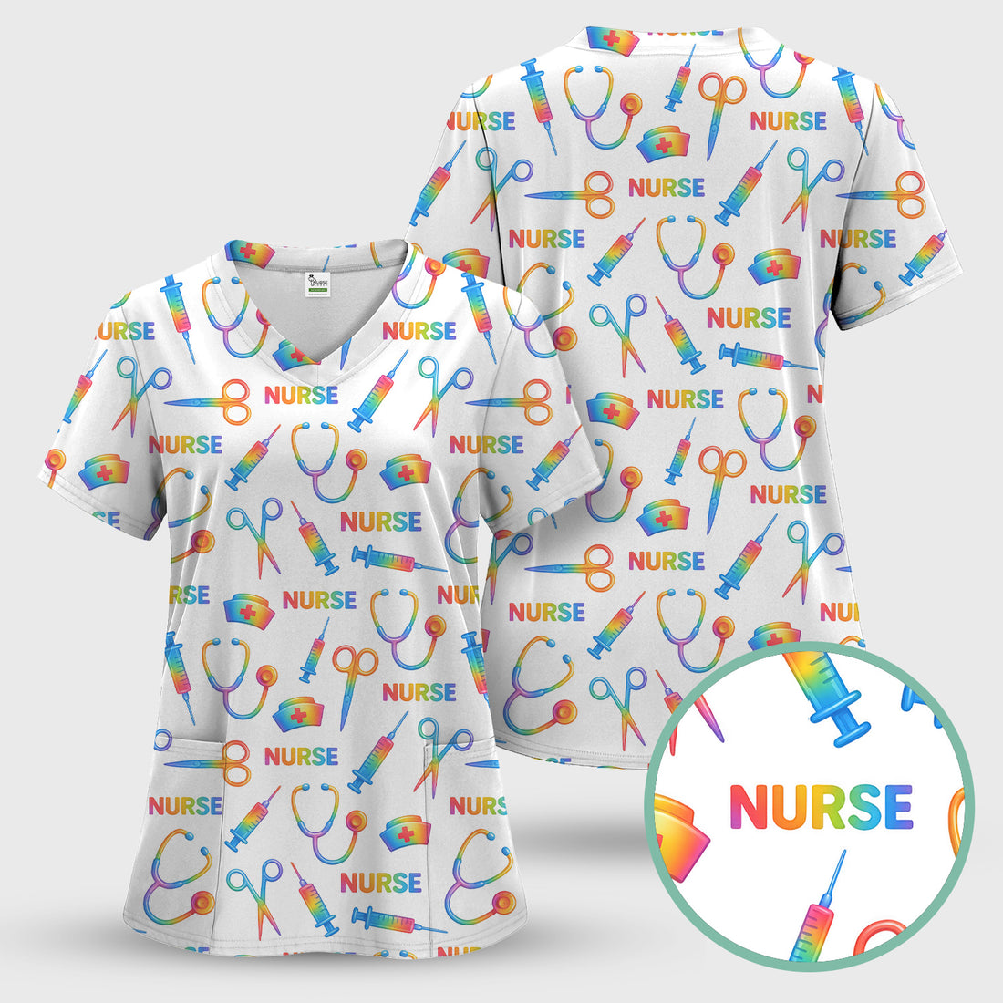 Colorful Nurse Scrub Top for Women - Rainbow Syringe and Scissors Pattern - Fun Medical Scrubs Shirt Gift for RN LPN CNA