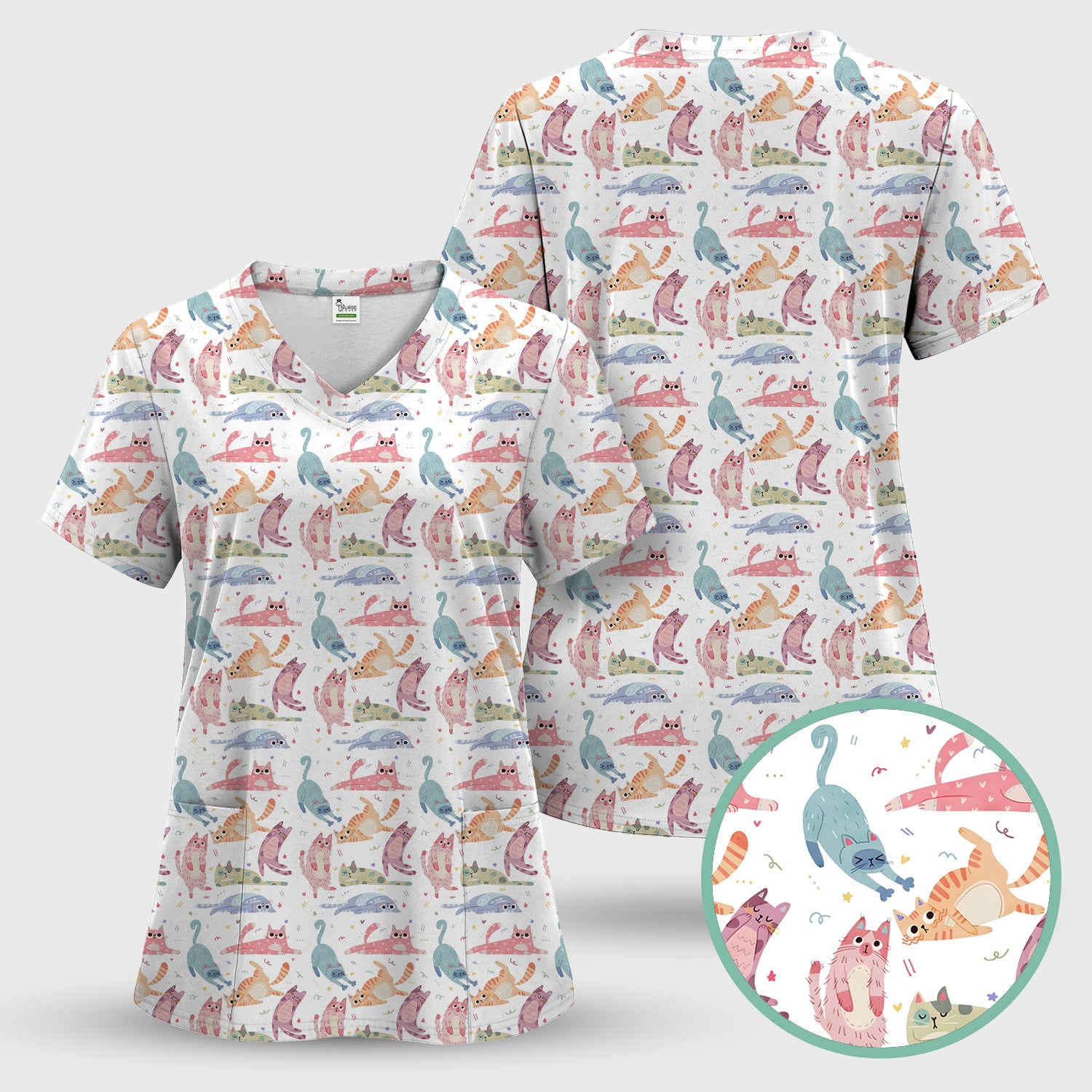 Funny Pastel Cat Pattern Medical Scrub Top, Breathable Fabrics Nursing Uniform