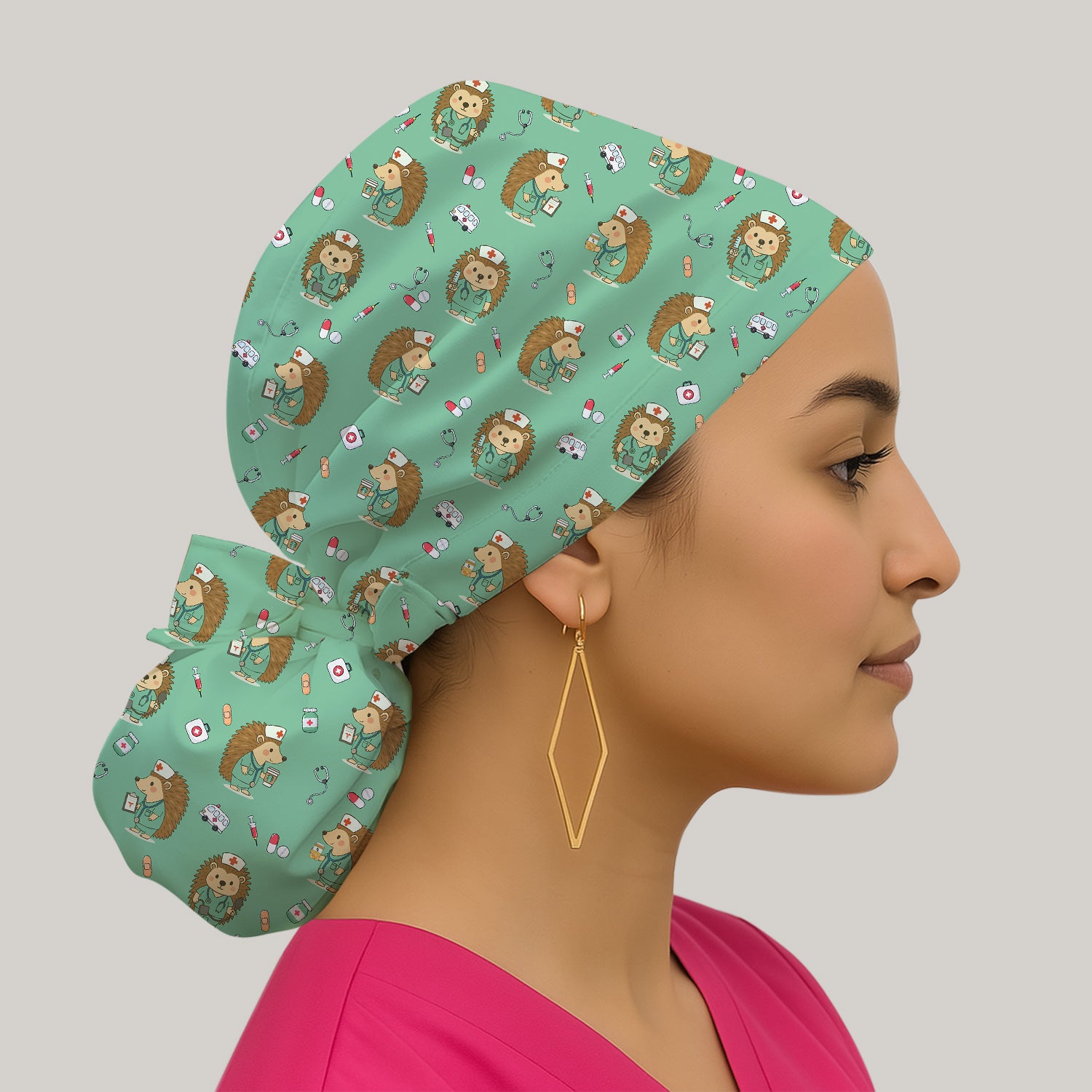Cute Nurse Animal Scrub Cap - Cute Hedgehog with Coffee & Stethoscope Design - Gift for Healthcare Workers & Vet Techs