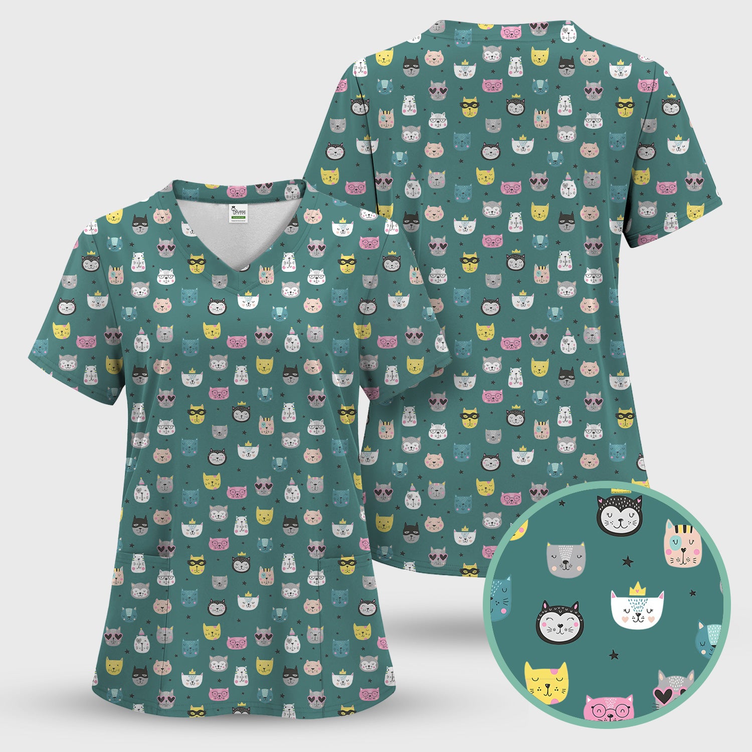 Cute Colorful Cat Pattern Scrub Top, Comfortable Scrubs for Nurses